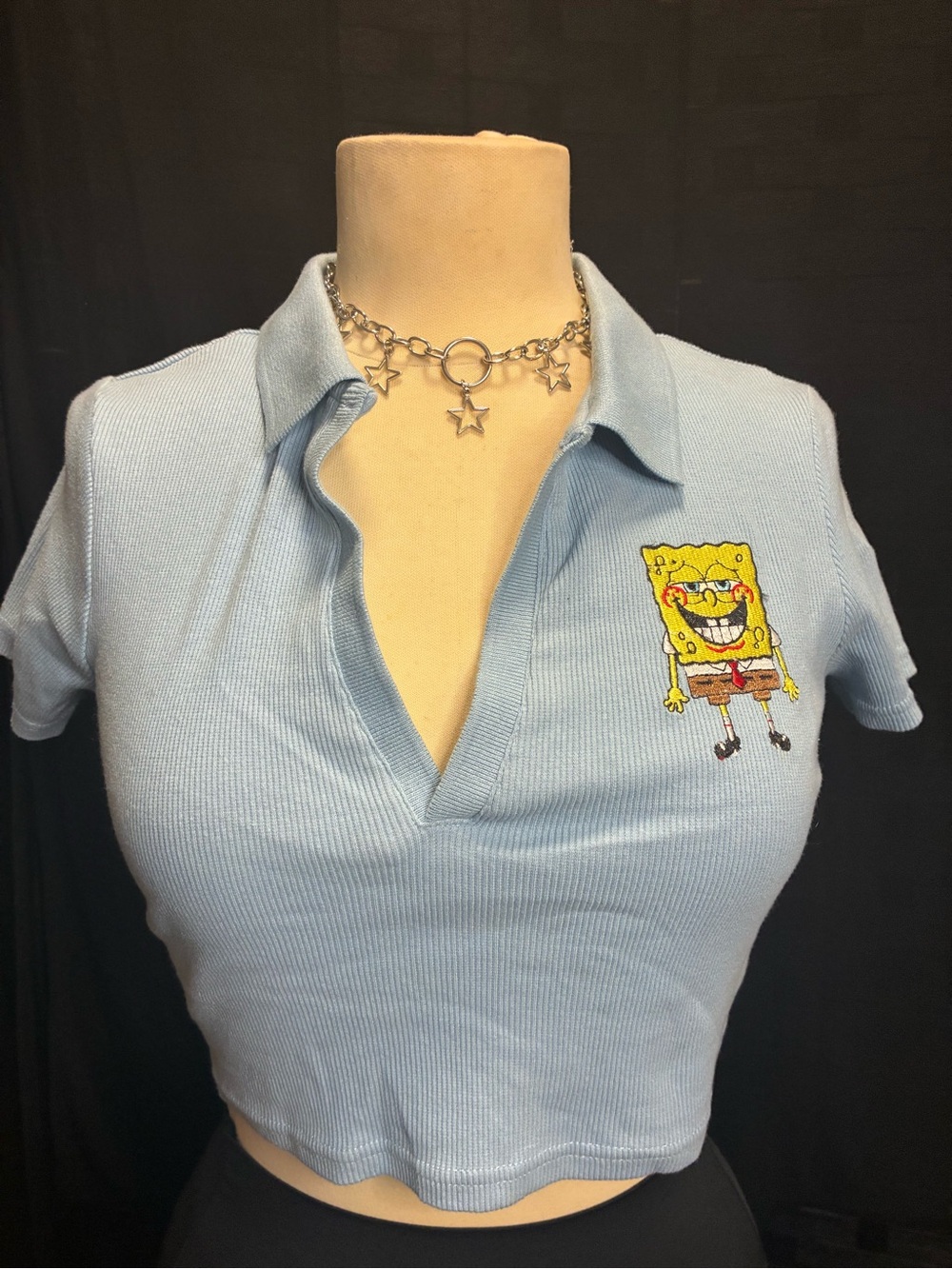 Nickelodeon Light Blue Ribbed SpongeBob Polo Crop Top